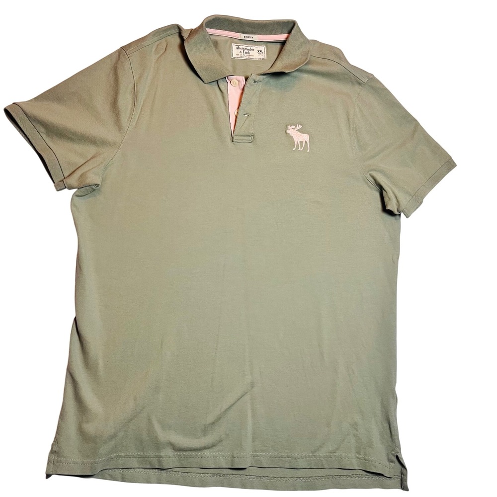 Abercrombie &‎ Fitch Mens XXL Olive Green Pink Moose Stretch Piqué Polo Shirt
